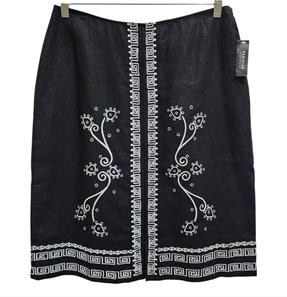 Parisian Womens 100% Linen Black Embroidered Floral Greek Key Skirt Sz 12 Preppy
